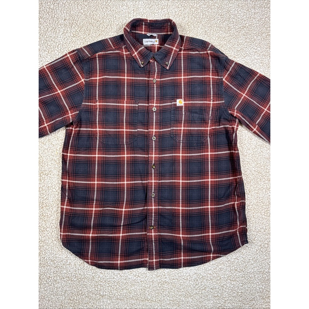 Carhartt Relaxed Plaid Flannel Button-Down Shirt Men's L Pockets Red Blue
